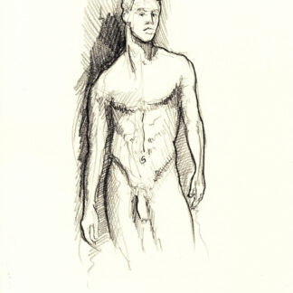Pencil drawing of a nude male standing with his arms at his sides. He his hot and handsome with a muscular physique.