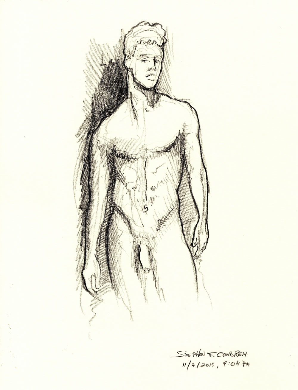 Pencil drawing of a nude male standing with his arms at his sides. He his hot and handsome with a muscular physique.