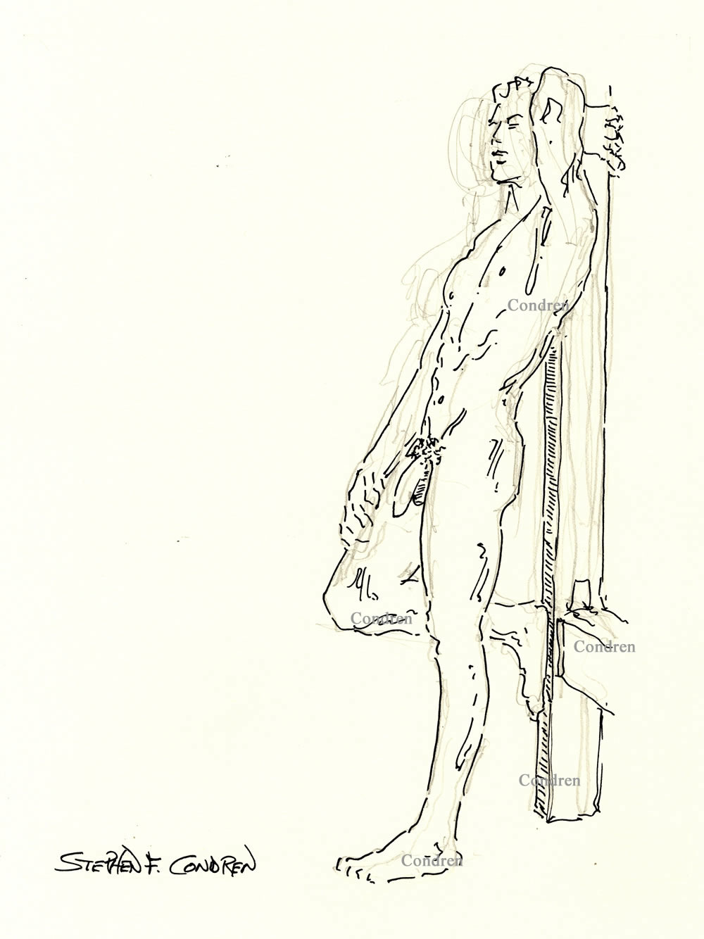 Pen & ink figure drawing of a nude male standing against a wooden post with his left hand and arms holding on to the post.