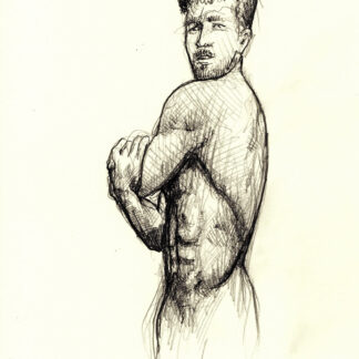 Pencil figure drawing of a nude male with his arms crossed over his chest. He has the physique of a body builder and is cute.