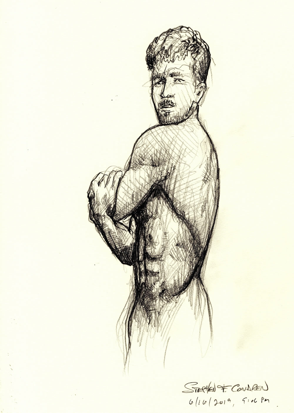 Pencil figure drawing of a nude male with his arms crossed over his chest. He has the physique of a body builder and is cute.