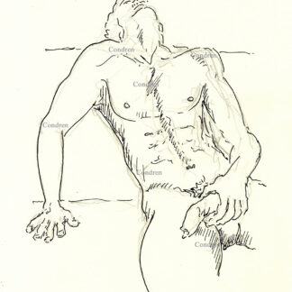 Pen & ink figure drawing of a naked gay man on a couch jacking off. His cock is now flaccid since he reached orgasm.