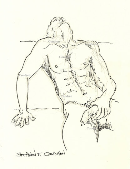 Pen & ink figure drawing of a naked gay man on a couch jacking off. His cock is now flaccid since he reached orgasm.