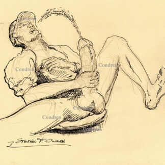 Pen & Ink Figure Drawing of a Man Jacking Off with a Giant Penis Shooting Cum and Jizz into His Mouth.