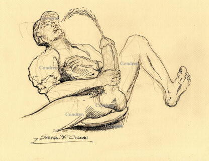 Pen & Ink Figure Drawing of a Man Jacking Off with a Giant Penis Shooting Cum and Jizz into His Mouth.