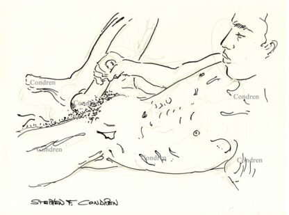 Pen & ink figure drawing of a naked boy jacking off. He has long legs and arms with a muscular physique.