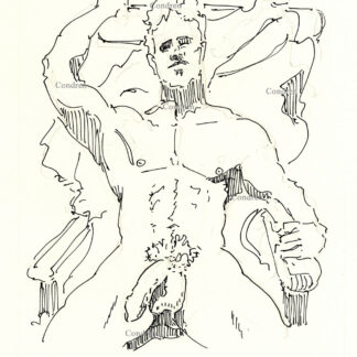 Pen & ink figure drawing of a naked man sitting on a lounge chair in the sun with his legs spread open showing his large hardon and hairy balls.