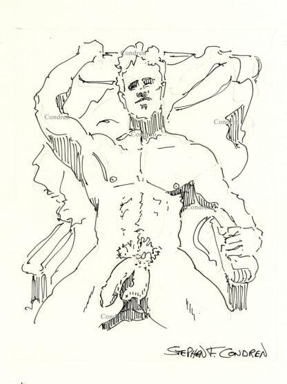 Pen & ink figure drawing of a naked man sitting on a lounge chair in the sun with his legs spread open showing his large hardon and hairy balls.