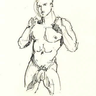 Pen & ink figure drawing of a naked man standing and holding a bath towel around his shoulders.