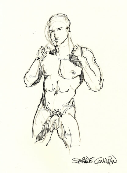 Pen & ink figure drawing of a naked man standing and holding a bath towel around his shoulders.