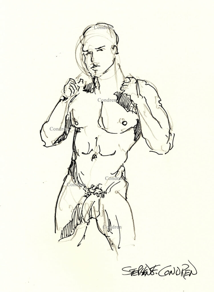 Nude Male Holding Towel Pen & Ink Figure Drawing And Prints #217B. Nude man with penis.