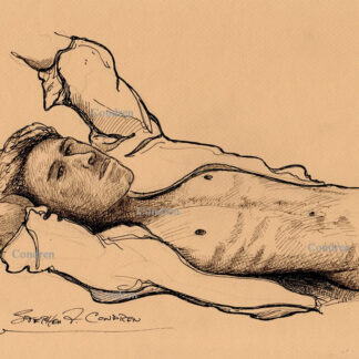 Pencil figure drawing of a hot gay boy lying down with his shirt unbuttoned revealing his muscular torso.