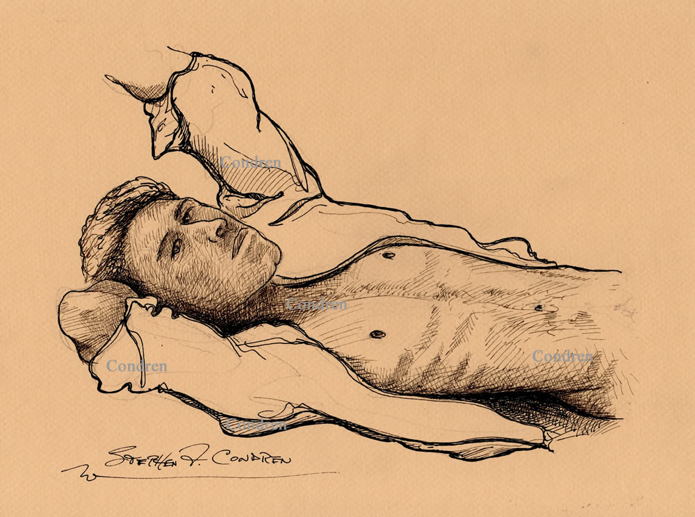 Pencil figure drawing of a hot gay boy lying down with his shirt unbuttoned revealing his muscular torso.