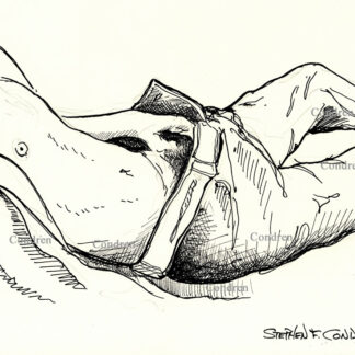 Pen & ink figure drawing of a hot shirtless boy felling his cock and hairy balls though his unzipped blue jeans.