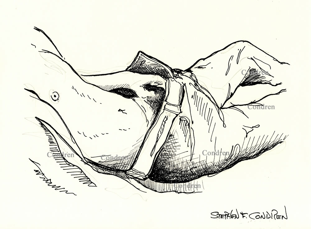Pen & ink figure drawing of a hot shirtless boy felling his cock and hairy balls though his unzipped blue jeans.