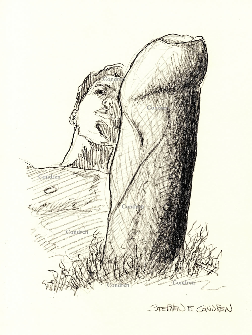 Pencil figure drawing of a hot young man with a giant cock sticking straight up through his pants. Large veins on the skin.