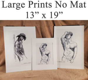 Large un-matted figure drawing prints of gay shirtless cowboys.