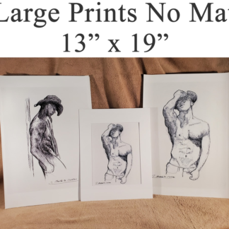 Large un-matted figure drawing prints of gay shirtless cowboys.