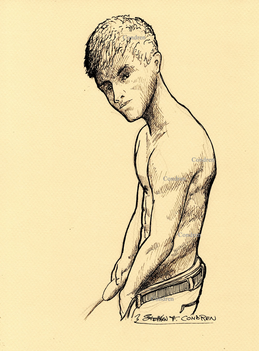 Pen & ink figure drawing of a very cute gay piss boy that is pissing from his unzipped blue jeans and looking right at you.