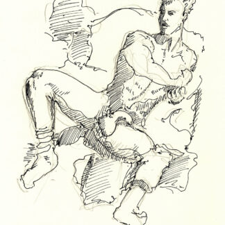 Simon Dexter Naked on a Bed Showing His Penis Pen & Ink Figure Drawing. He has a muscular body and fit Linea alba.