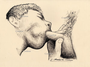 Pen & ink drawing of a hot gay boy sucking a hairy cock and balls. 136B