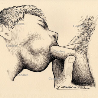 Pen & ink drawing of a hot gay boy sucking a hairy cock and balls. This fellatio boy is a cock sucker and is cute.