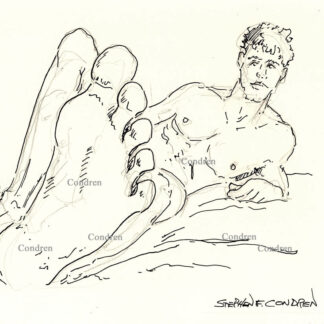 Pen & ink drawing of a sexy hot dude laying naked in bed with his beautiful feet. He has a muscular physique and pecs.