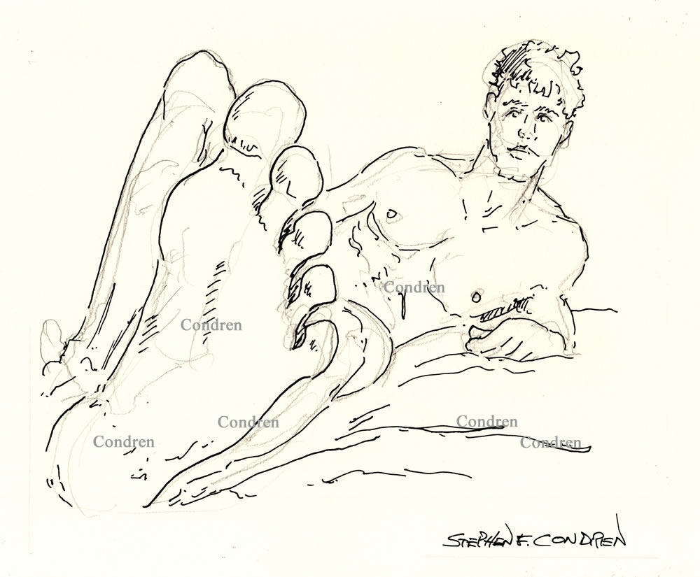 Pen & ink drawing of a sexy hot dude laying naked in bed with his beautiful feet. He has a muscular physique and pecs.