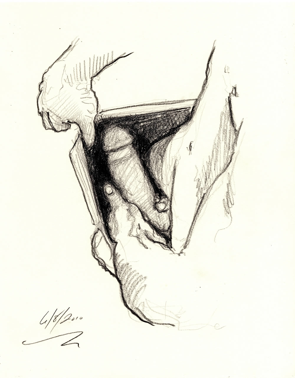 Pencil figure drawing of a hardon cock looking down into the underwear of a hot muscular boy with a 6-pack set of abs.