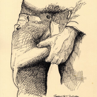 Pen & ink drawing of a man holding a hardon cock in his blue jeans. Throbbing penis bulging in his tight pants.