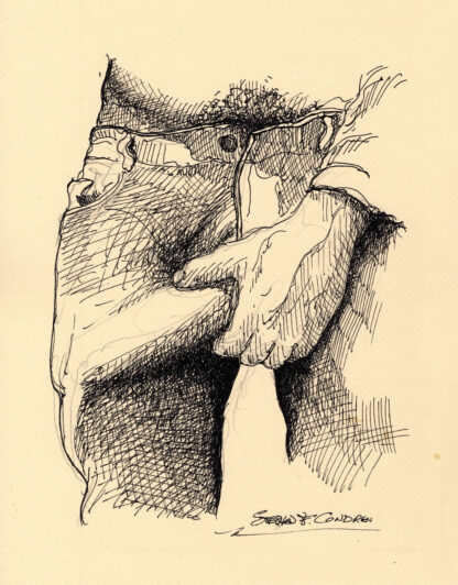 Pen & ink drawing of a man holding a hardon cock in his blue jeans. Throbbing penis bulging in his tight pants.