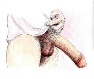 Pen & ink watercolor of a giant, throbbing hard cock in T-shirt.