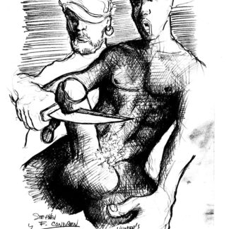 Pencil drawing of a pirate cutting off a naked young man's penis. This big dick is a hardon with large hairy balls.