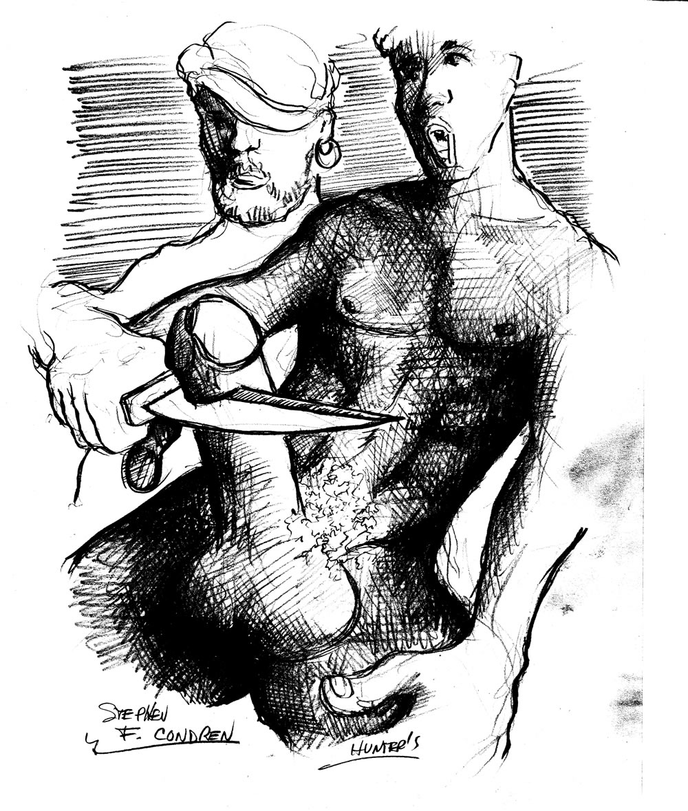 Pencil drawing of a pirate cutting off a naked young man's penis. This big dick is a hardon with large hairy balls.