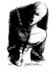 Pencil drawing of a hot young gay boy tied up in chains for BDSM sex torture. Gay bondage drawing.