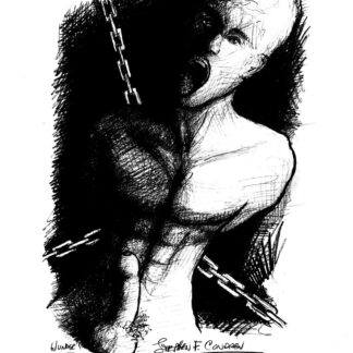 Pencil drawing of a hot young gay boy tied up in chains for BDSM sex torture. He is muscular with 6-pack set of abs.