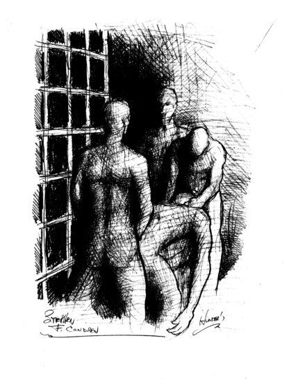 Pencil Figure drawing of a BDSM prison rape of a new inmate. They have muscular bodies with a chiseled 6-pack set of abs.