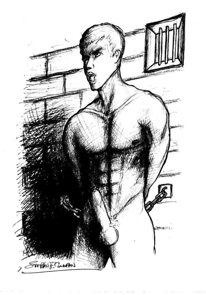 Pencil drawing of a young gay inmate chained to a prison wall with a big hardon cock.