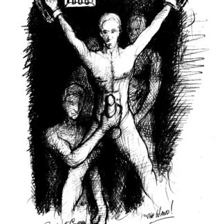 Pencil drawing of a hot chained naked prisoner in a prison sell and being used for gay all-male BDSM sex. He is sexy.