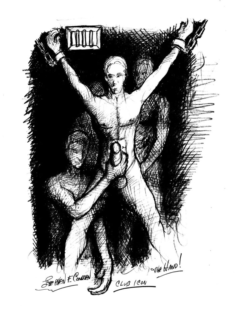 Pencil drawing of a hot chained naked prisoner in a prison sell and being used for gay BDSM sex.