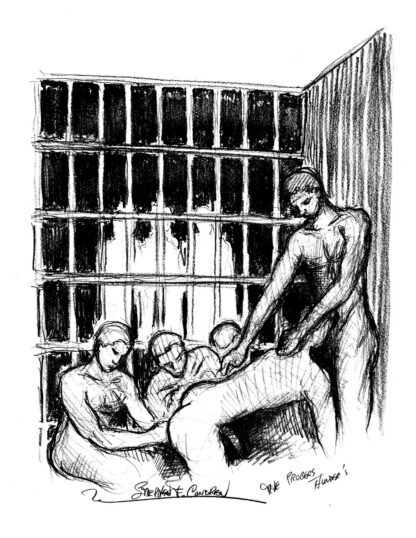 Pencil Figure drawing of a BDSM prison rape of a new inmate. They have muscular bodies with a chiseled 6-pack set of abs.