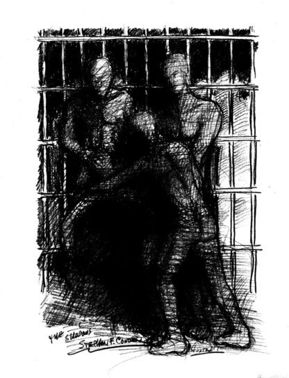 Pencil Figure drawing of a BDSM prison rape of a new inmate. They have muscular bodies with a chiseled 6-pack set of abs.