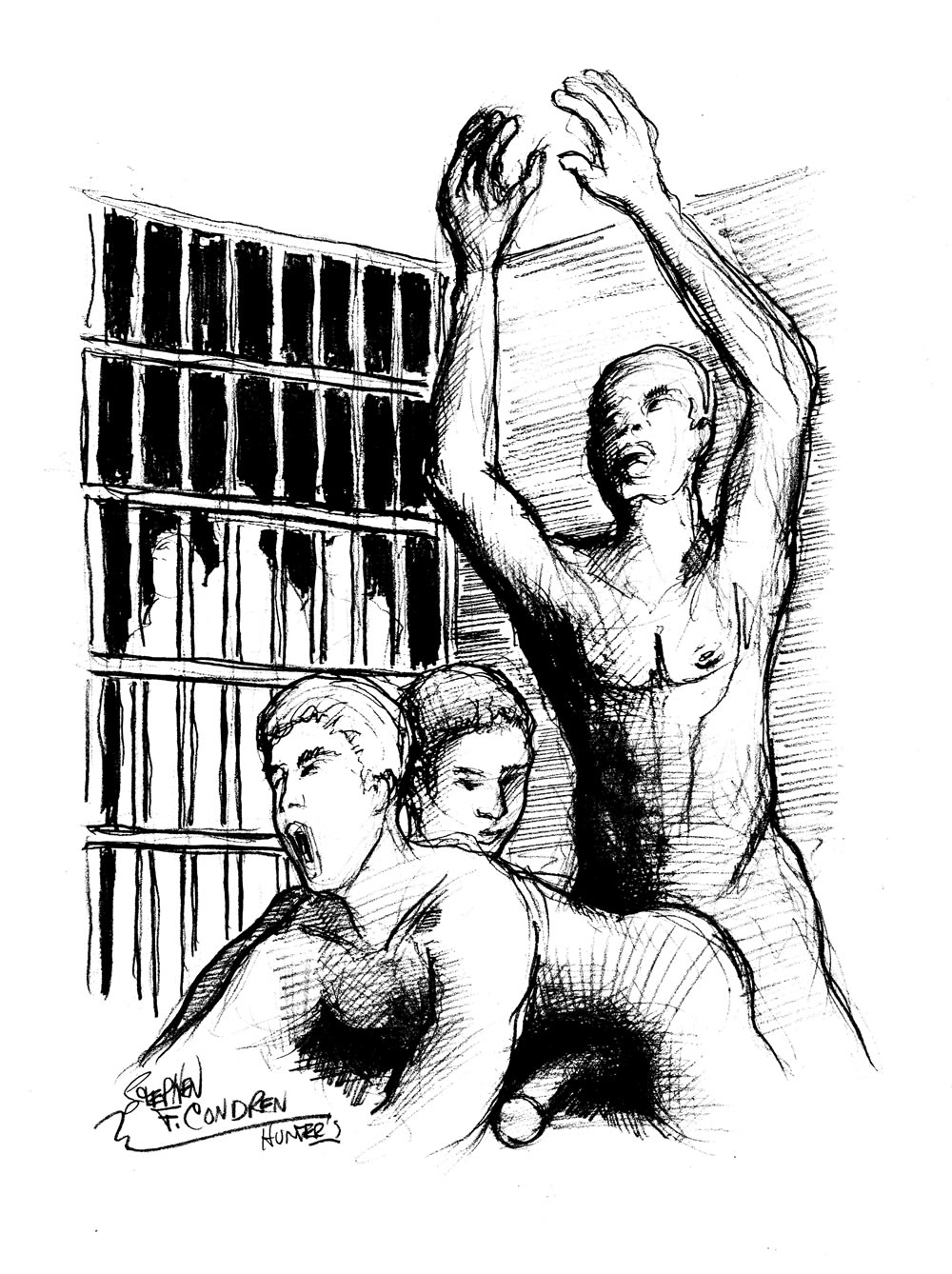 Pencil Figure drawing of a BDSM prison rape of a new inmate. They have muscular bodies with a chiseled 6-pack set of abs.