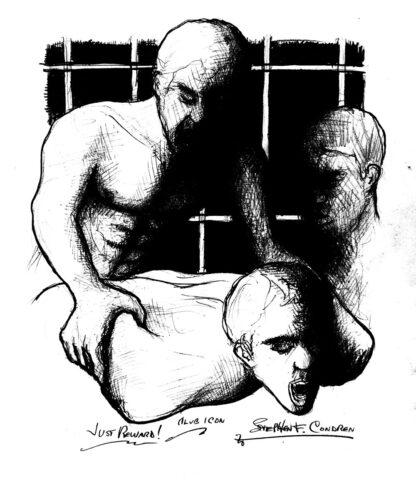 Pencil Figure drawing of a BDSM prison rape of a new inmate. They have muscular bodies with a chiseled 6-pack set of abs.