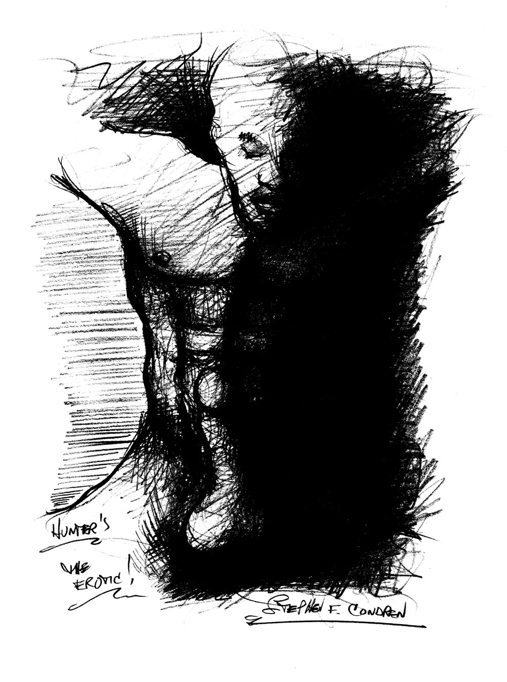 Pencil figure drawing of a hot nude male chained to a dungeon wall to be used for BDSM gay male sex.