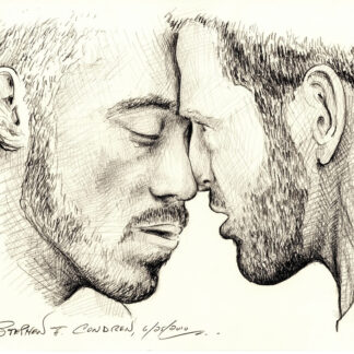 Pencil portrait drawing of two hot men preparing to kiss. They are very rugged looking and handsome men.