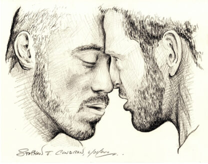 Pencil portrait drawing of two hot men preparing to kiss. They are very rugged looking and handsome men.