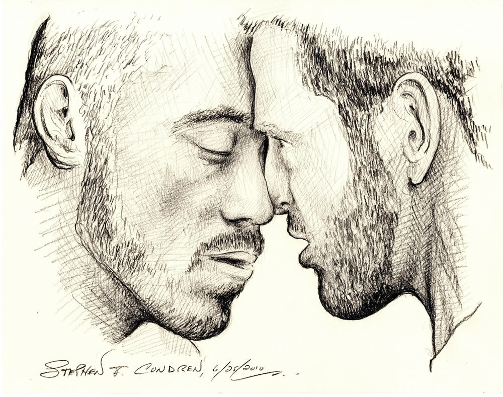 Portrait of two handsome gay men tenderly caressing face to face 182B.