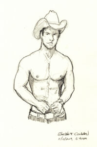 Shirtless gay cowboy with 10-gallon hat pencil drawing #184. Shirtless cowboy with a muscular torso and a chiseled 6-pack set of abs & firm pecs