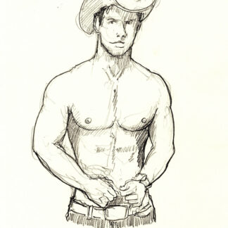 Pencil figure drawing of a very sexy and hot shirtless cowboy. He is very cute and has the physique of a gymnast.